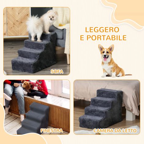 Scaletta per Cani 4 Gradini Pieghevole, 60x35x44 cm, Struttura Legno Grigio Scuro, Rivestimento Velluto Rimovibile (1/5)