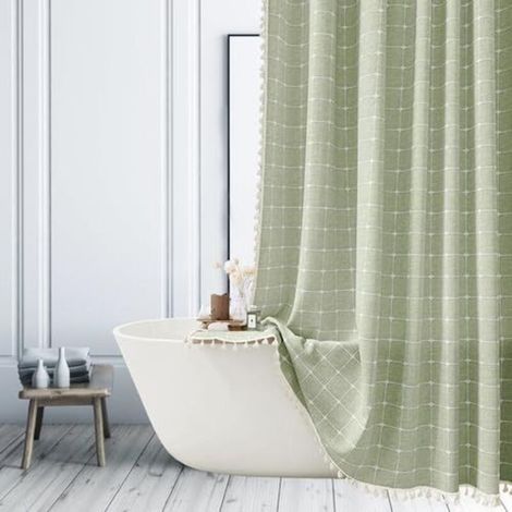 Salbeigrüner Duschvorhang – Moderner Duschvorhang aus Leinenstoff im Landhaus-Boho-Stil fürs Badezimmer, süßes, dickes Duschvorhang-Set im Bohème-Stil mit Quasten – Langer Duschvorhang aus Stoff im Bo