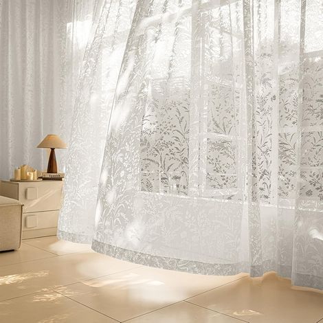 Voilages blancs effet dentelle florale, passe-tringle, L140 x H220 cm (1/5)