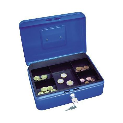 Geldkassette ® 25 x 9 x 18 cm (B x H x T) 1 Fach für Banknoten 5 Fächer für Hartgeld mit Schloss Stahl blau (1/3)