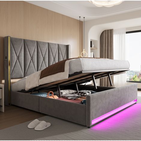 Cama dormitorio con almacenaje USB LED gris oscuro OKMYHOME (1/5)
