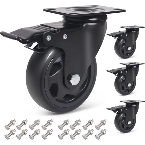 Ruedas giratorias de 100 mm con freno, 4 ruedas para muebles (16 tornillos incluidos) - Crezuo