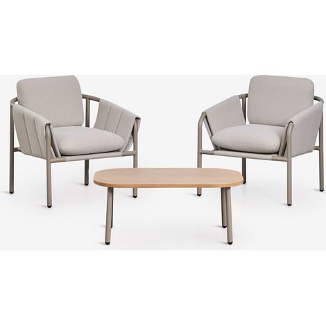SKLUM Zunika Garten-Set mit 2 gepolsterten Sesseln und Stahl-Couchtisch Moka Braun                                  
