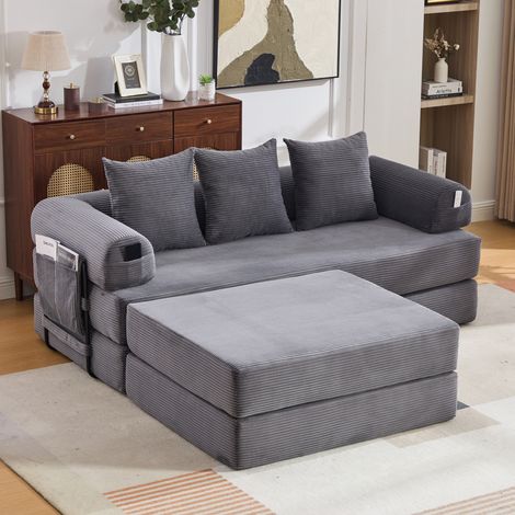 Canapé modulare in velluto a coste grigio scuro con pouf, tasca laterale e 3 cuscini, 200x190x67 cm (1/5)