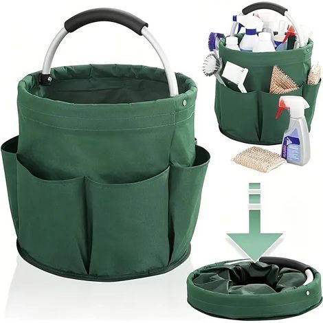 Vert Panier à Outils de Seau avec 6 Poches Extérieures, 17L Sac à Outils Jardinage Rond avec Poignée, Corbeille de Rangement en Tissu Oxford pour Stockage, Panier de Rangement Pliable