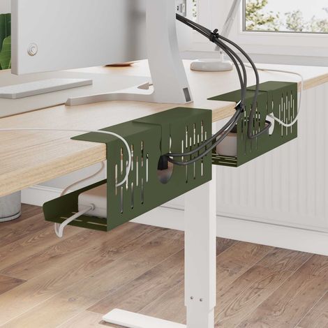 2 bacs de gestion des câbles sous bureau en acier vert olive 35 x 12 x 13 cm - PANGIVO (1/5)
