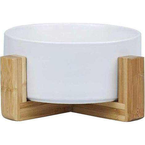 Gamelles en céramique pour chiens et chats avec support en bambou - Gamelles blanches pour chiens et chats - Lavables au lave-vaisselle et faciles à nettoyer (1/5)