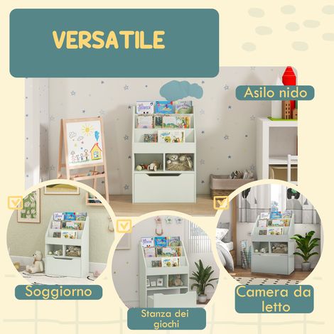 Petite bibliothèque bambin vert avec tiroir et rayonnages en MDF, 60x29,9x90 cm (1/5)