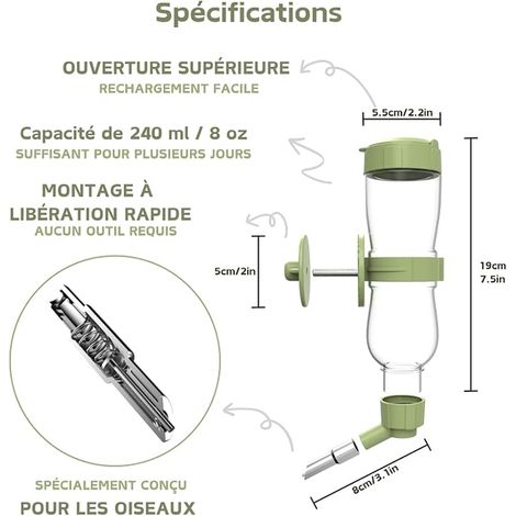 Bird Water Feeder, Automatic Cage Water Dispenser Hanging Water Bottle for Parakeet, Canary, Cockatiel, Finch, Budgerigar (Green, 240ml) (1/3)
