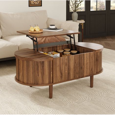 Mesa de centro elevable ovalada con almacenaje, MDF, color nogal DESVIAE (1/5)