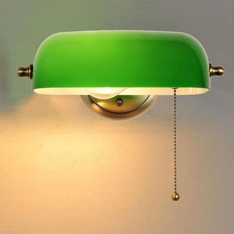 Applique Murale Vert En Verre Avec Interrupteur À Chaîne À Tirer, Lampe De Chevet Enfant, Lampe Murale E27, Base En Métal Bronze, Pour Chambre Cuisine Applique Luminaire Orientable (1/4)