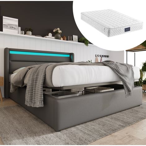 Letto con contenitore in PU grigio 140x200 cm con LED, rete a doghe e materasso incluso (1/5)