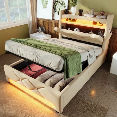 Lit Coffre Capitonnée 90x200 cm Lit 1 Place avec Rangement Hydraulique, Éclairage LED, Tête de Lit Étagères et Ports USB - Beige