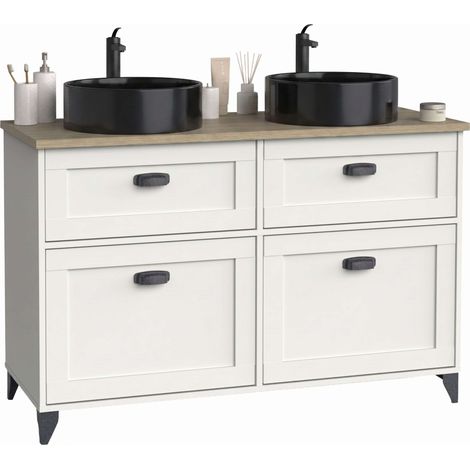 Mueble de Baño 120 cm Doble Toscana 2 Cajones y 2 Puertas Blanco y Roble Cambrian (Con Lavabos Cerámicos) (1/5)