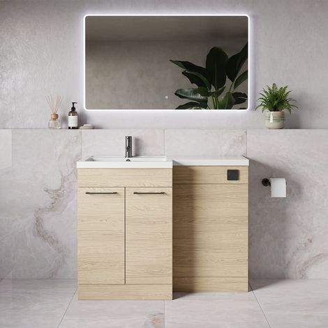 Napoli 390 Light Oak 1100mm 2 Door Vanity Unit Toilet Suite with Square Left Hand Lucia Basin - 1100mm - Gunmetal Grey 160mm HandleWithout Kingston Toilet Pan