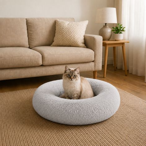 belviona Donut Katzenbett, weiches Katzenkörbchen mit flauschigem Plüsch, rutschfest & gemütlich, 60 cm Durchmesser, hellgrau (1/4)