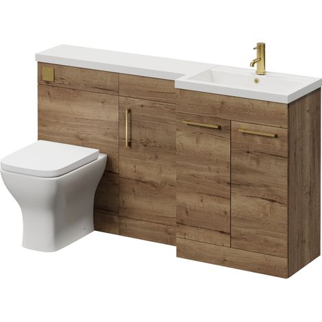 Napoli 390 Tobacco Oak 1500mm 3 Door Vanity Unit Toilet Suite with Right Hand Square Lucia Basin - 1500mm - Brushed Brass 160mm HandleWith Kingston Toilet Pan and Seat