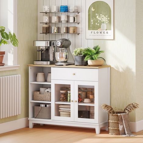 Aparador para salón con puertas de cristal templado, cajón, 3 compartimentos abiertos y estantes ajustables, color blanco. (1/5)
