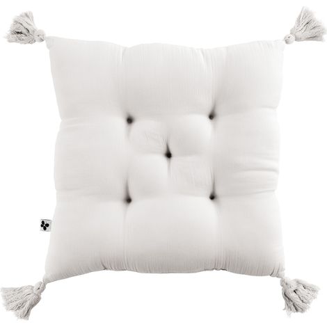 Assise matelassée 5 points avec pompons gaze de coton 40 x 40 cm chantilly Blanc