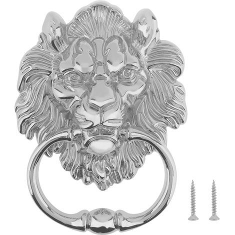 Heurtoir de Porte Lion en Alliage de Zinc Poignée de Porte, 156 117mm Poignée de Tête de Lion Ancienne Heurtoir en Forme de Tête de Lion avec 2 vis (Argenté) (1/4)