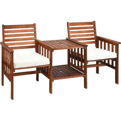 Salon de jardin blanc 3 pièces en acacia avec canapé 2 places, coussins lavables et table basse à 2 niveaux pour jardin et terrasse (1/5)