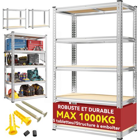 Klyvvo Rayonnage 183x90x40 cm Belle texture - Charge max 1000 kg Étagère métallique modulable 5 niveaux - Système d'emboîtage rapide - Pour garage et atelier
