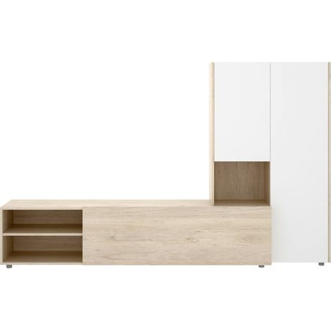 Dmora - Parete attrezzata Abrino, Composizione soggiorno, Mobile salotto multiuso, Armadio porta TV, 227x40 h141 cm, Bianco e Rovere (1/4)