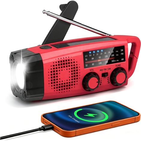 Radio Portable Chargeur Solaire, GEMMAC AM/FM/SW Radio Dynamo Chargeur de Téléphone avec 2000mAh Power Bank/SOS Alarm/Lampe Poch/Manivelle, Kit de Survie pour Chantier, Camping, Urgence(Rouge) (1/5)
