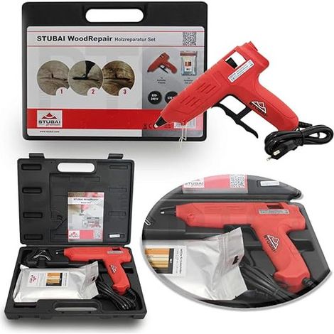 Stubai – Kit de réparation bois professionnel – Pistolet extrudeur 180W – Mastic pour bois dur et teck – Remplissage de fissures et trous