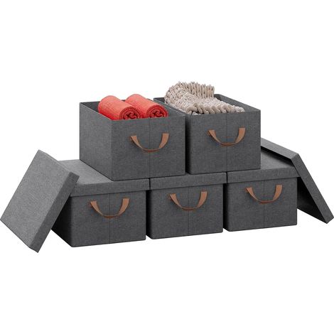 WOLTU Lot de 5 Boîte de Rangement 48x29x20cm en Tissu non Tissé, Caisse Rangement Pliable, Coffre de Rangement avec Poignée, Couvercle Amovible, Gris