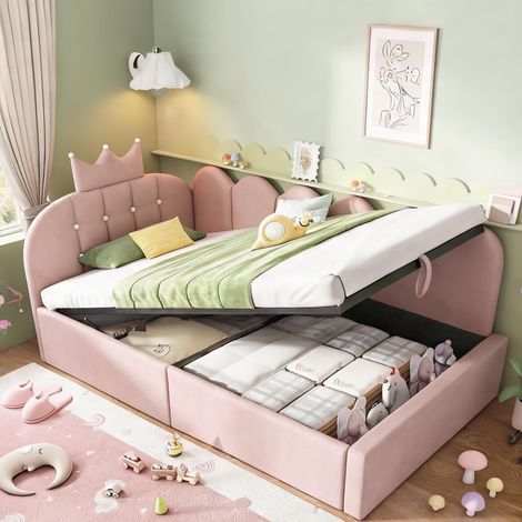 Cadre de lit rose en velours 209 x 96 x 96 cm (1/5)