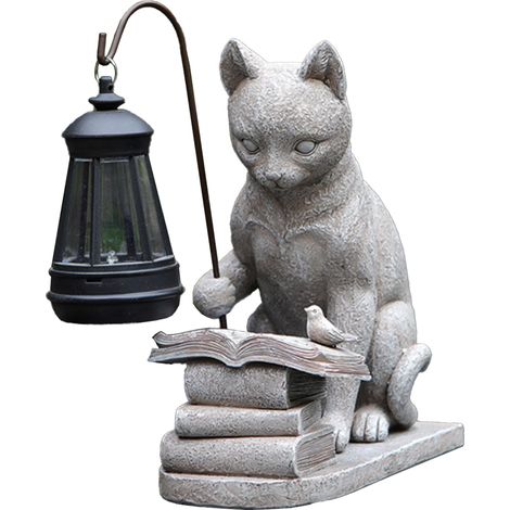 Decoración de jardín hecha de resina [Linterna solar con forma de gato] Estatua de gato [Terraza] Luz solar [Diseño de piedra] (1/5)