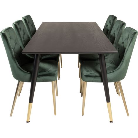 Dipp180x90BLBR Essgruppe Esstisch schwarz und 6 Velvet Deluxe Esszimmerstühle Velour grün, Messing dekor.