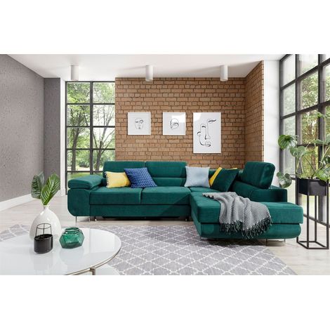 Ecksofa Schlafsofa SARRA in Stoff Kronos Dunkelgrün Ottomane Rechts (1/5)