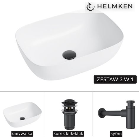 Helmken 49346000 Aufsatzwaschbecken (46x32) Weiß + Mattschwarzer Siphon + Mattschwarzer Klick-Klack-Verschluss (1/5)