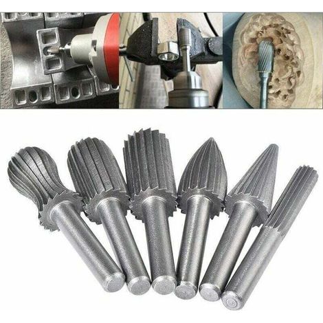 Juego de 6 fresas rotativas de carburo de tungsteno de doble filo con vástago de 6 mm para limar, grabar y rectificar herramientas rotativas. (1/4)