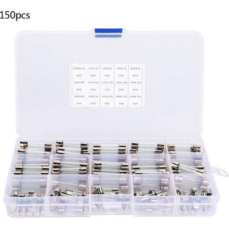 Lot 150 fusibles en verre 6x30mm et 5x20mm, 0.5A/1A/2A/3A/5A/8A/10A/15A/20A/30A, assortiment de rechange pour appareils électriques. (1/5)