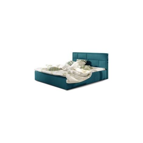 Lit adulte avec sommier Lenzo – Velours rembourré-Bleu canard-140x200 (1/5)
