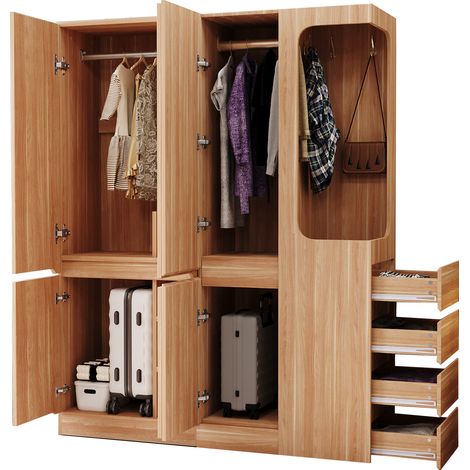 Armario con 3 Puertas, 4 Cajones, 3 Compartimentos y Espacio Abierto para Dormitorio en Madera 140 x 40 x 170 cm (1/5)