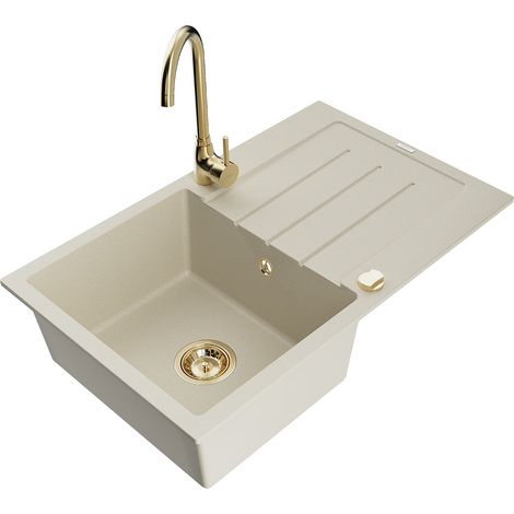 Mexen Bruno lavello da cucina in granito 1 vasca con sgocciolatoio e rubinetto Telma, beige - 6513-69-670200-50 (1/5)