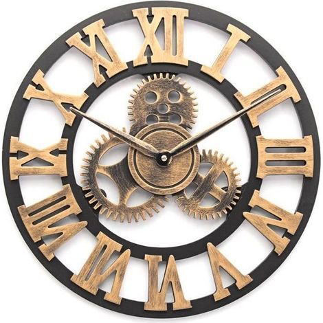 40 cm große, antike 3D-Quarz-Wanduhr, Holzzahnrad, Industriestil, römische Ziffern, luxuriöser, handgefertigter Goldhaken (1/4)