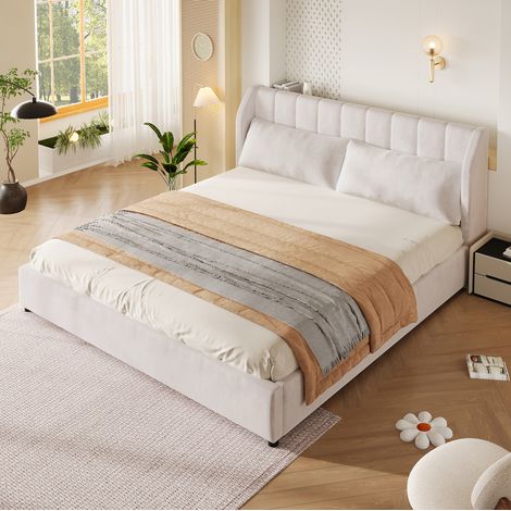 Polsterbett 180x200 in beigem Flanell mit Lattenrost und 2 Kissen HAVRYA (1/5)