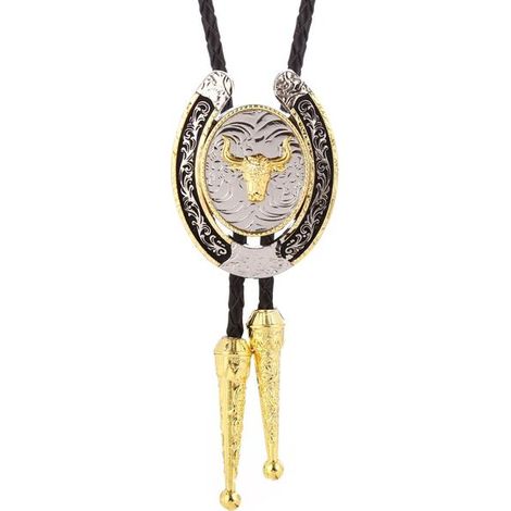 Cravate bolo pour homme - Style western, cowboy, amérindien, Golden Longhorn, taureau, aigle, cheval