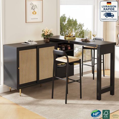 Modfu – Table de salle à manger extensible 107x40cm – Rotation 360° – Buffet avec rangements – MDF noir – Design rétro élégant (1/5)