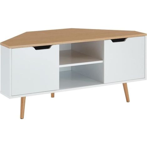 Meuble Tv D'Angle - Décor Blanc Et Chêne - Style Industriel - L 115 X P 55 X H 53,5Cm - Lyna[J7]