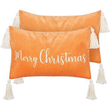 Set di 2 cuscini decorativi in cotone velluto con motivo natalizio e nappe arancione 30 x 50 cm Lithops
