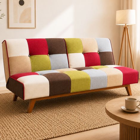 Divano Letto in Tessuto Patchwork Imbottito Gambe in Legno Schienale Reclinabile (1/5)