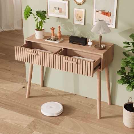 Table console, 2 tiroirs et pieds en bois, pour salon, entrée, couloir, 100 x 35 x 80 cm, Bois Naturel