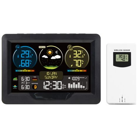 Station météo intelligente FJ3383M, horloge, thermo-hygromètre intérieur/extérieur, grand écran couleur, compatible 3 capteurs max (1/5)