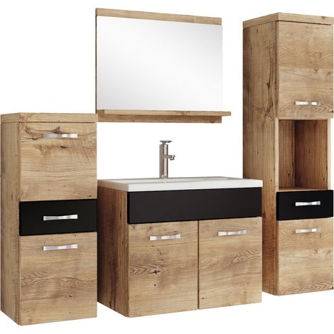 Badplaats – Ensemble de meubles de salle de bain suspendu 60 cm – meuble vasque avec vasque en résine – miroir avec tablette – 2 colonnes chêne châtaignier (1/5)